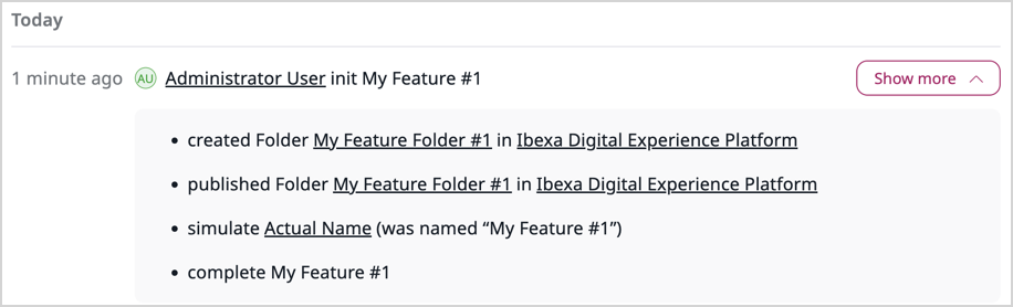my_feature context from the example The example context group displayed on the Recent Activity page